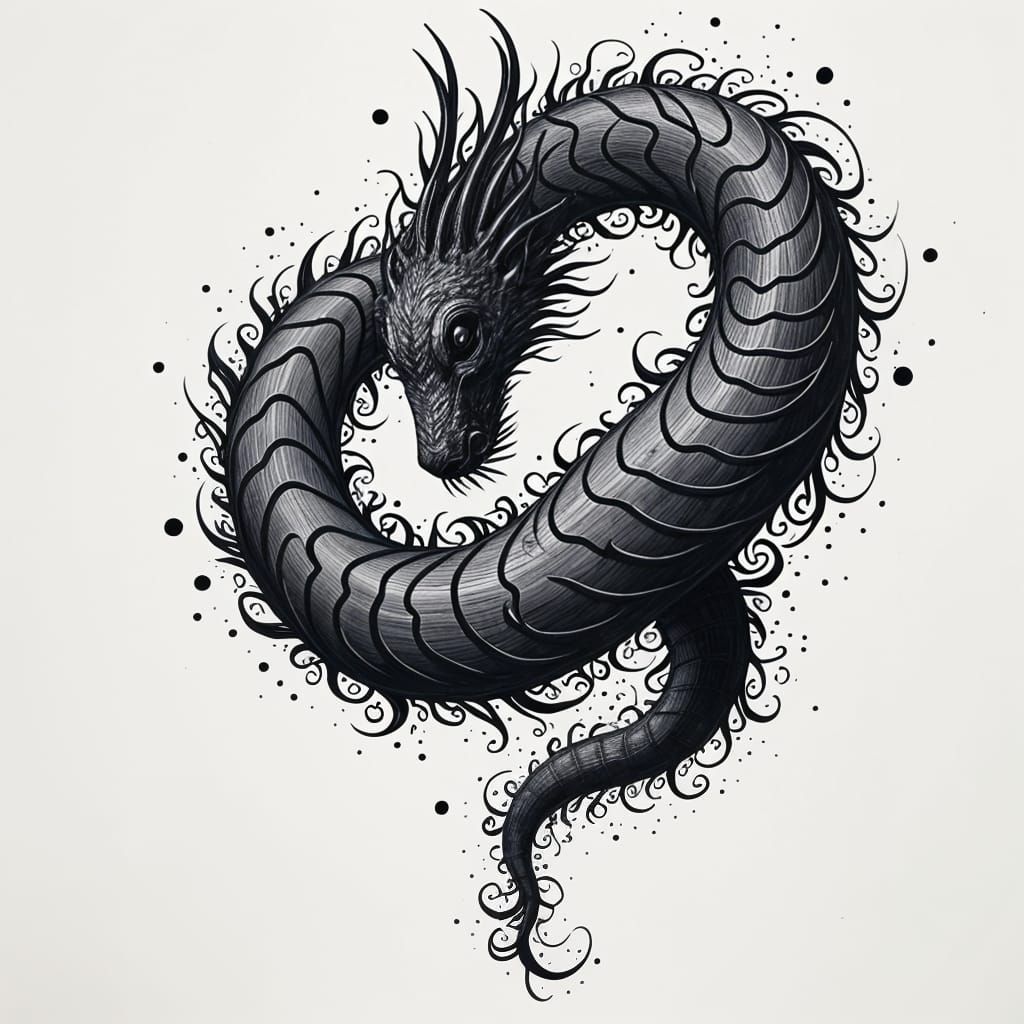 Yin-Yang Ouroboros in Cubist Comic Art Ink Drawing