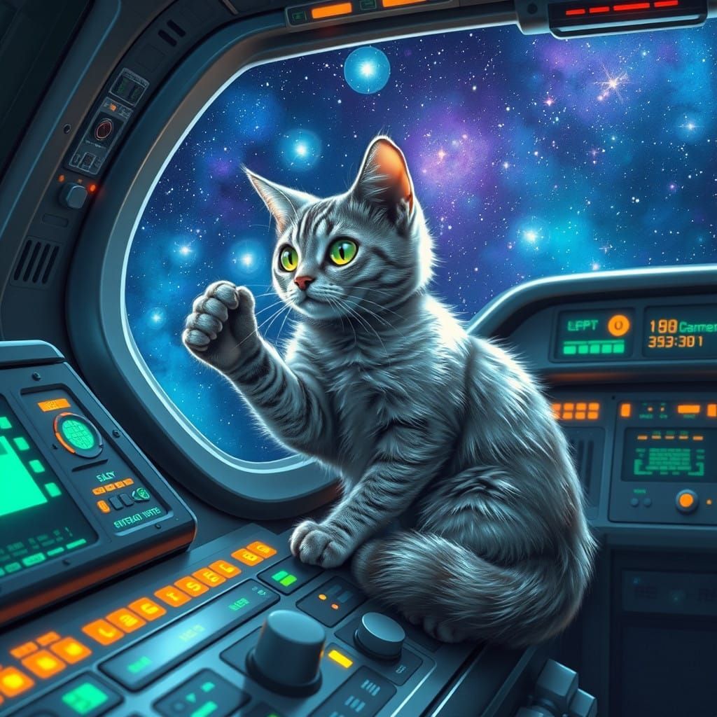 Regal Feline Astronaut Explores Cosmic Horizon
