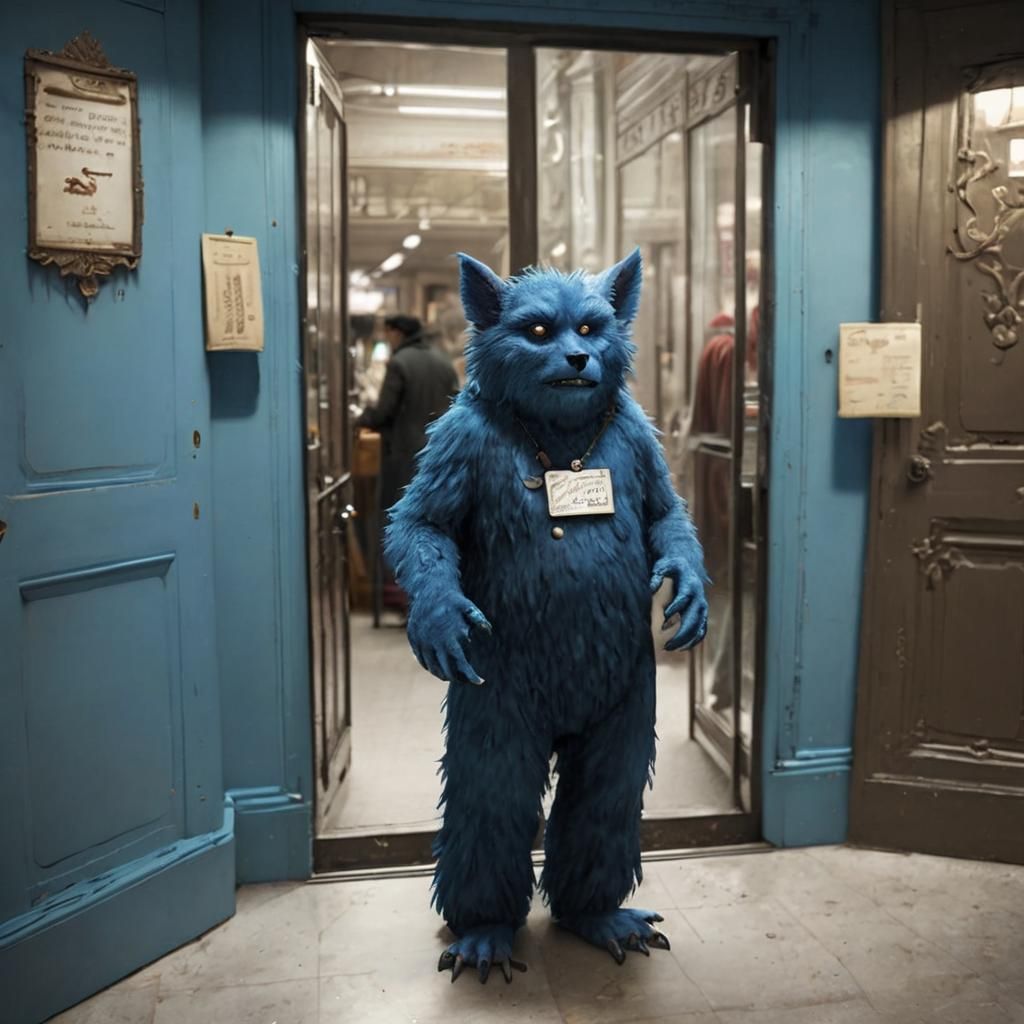 Blue Furry Greeter at Liminal Hypermarket
