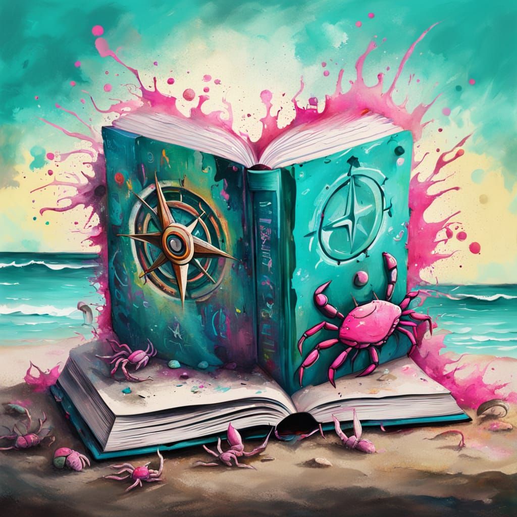 Street Art Book Cover on Beach in Vibrant Teal and Pink