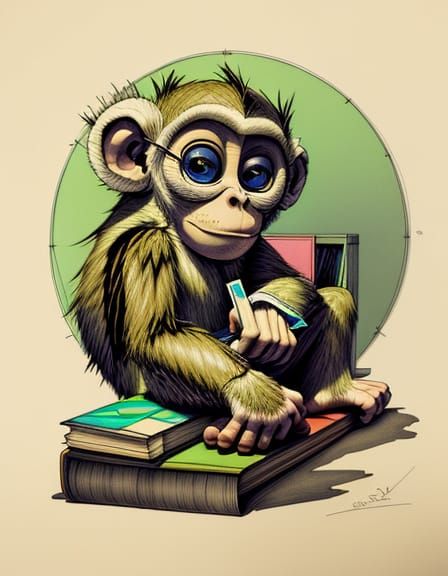 Ink Drawing of Simian Scholar in Modern Art Style