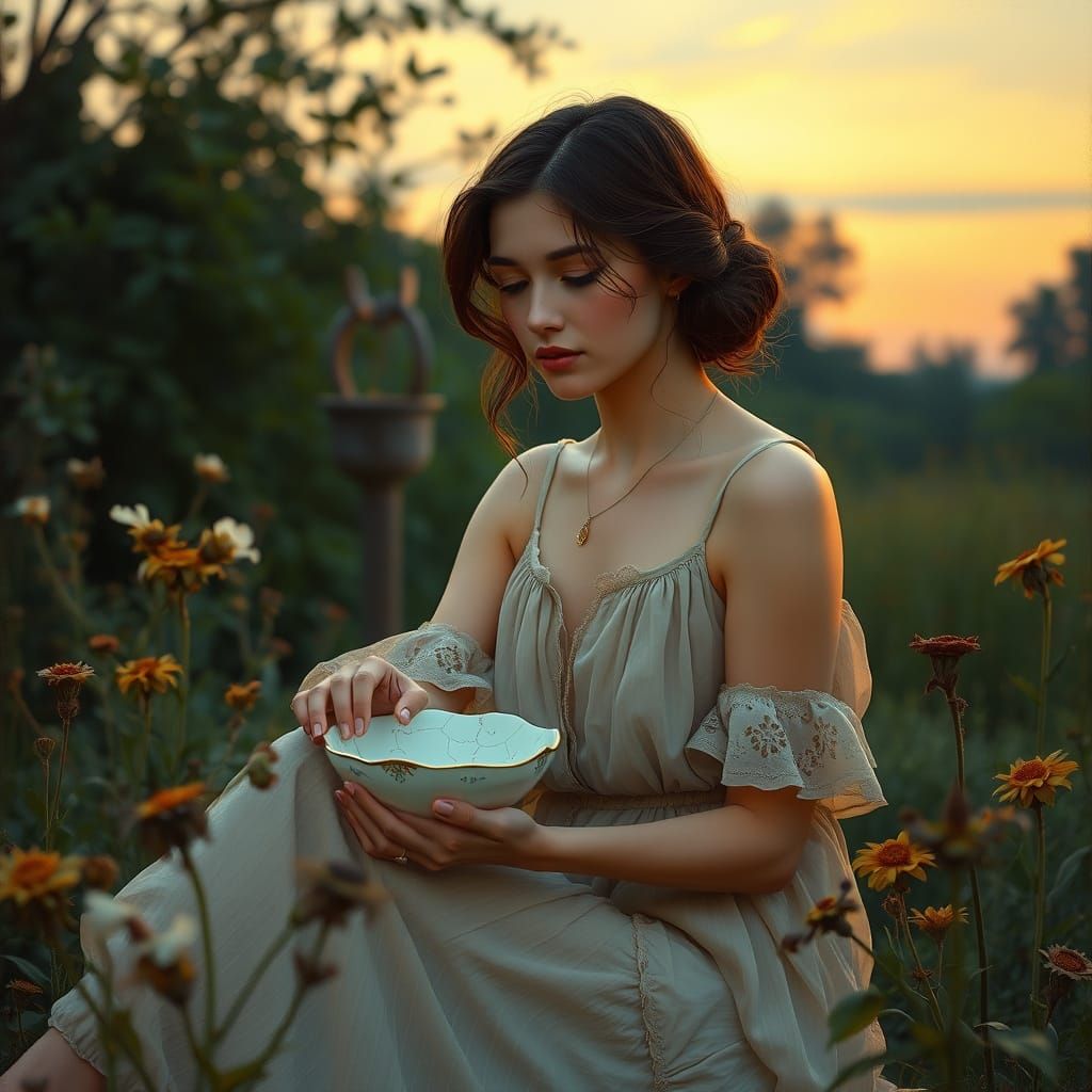 Paint a close-up oil portrait of a young woman seated alone ...