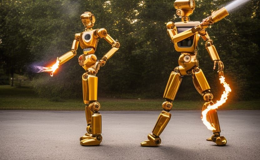 Robot Flamethrower in Professional Photography Style