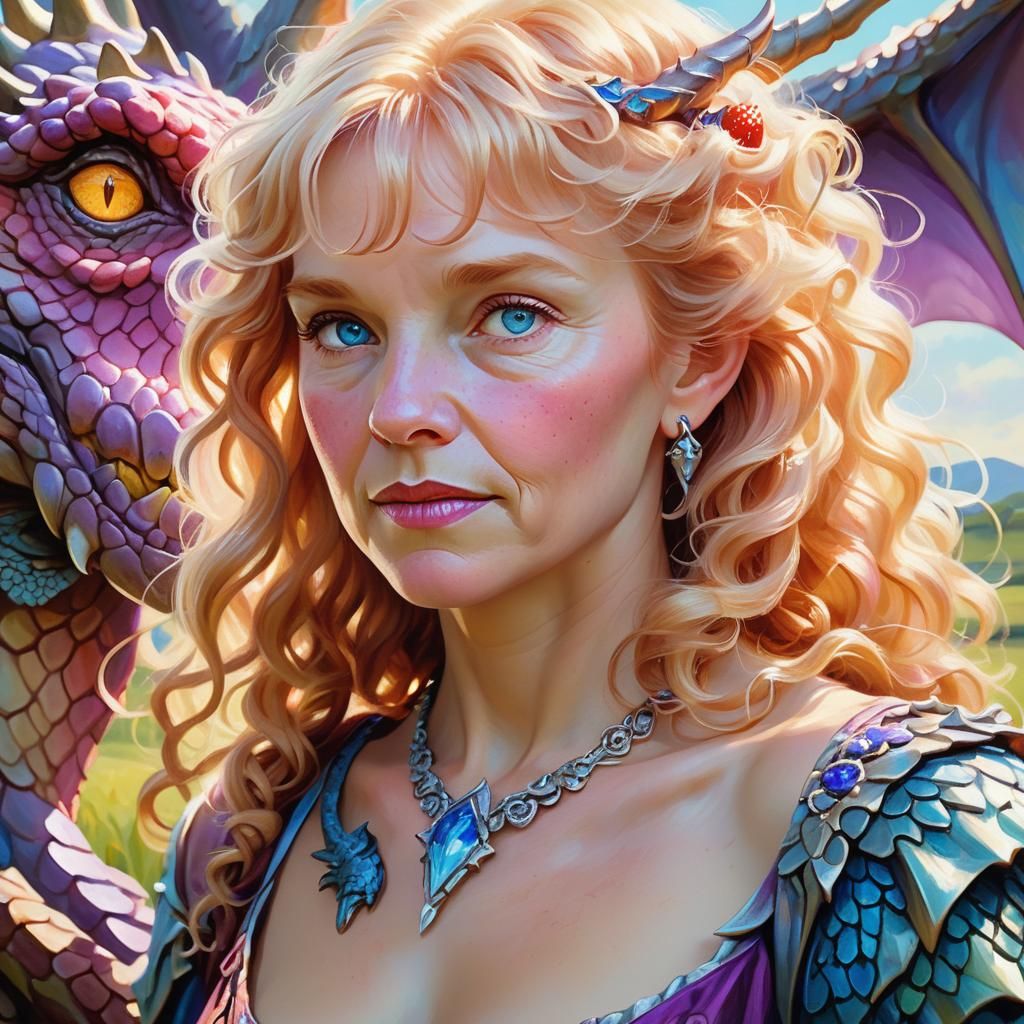 Woman and Dragon in Golden Sunlight, Oil Painting