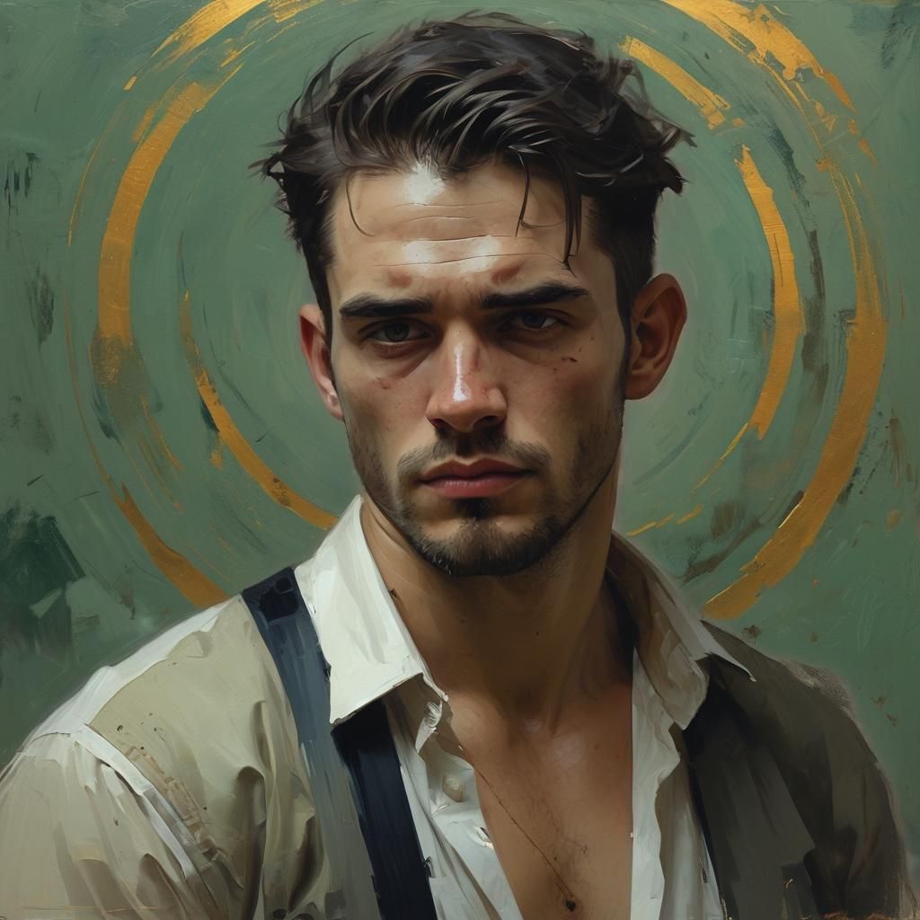 Expressive Portrait with Golden Circle, Abstract Brushwork