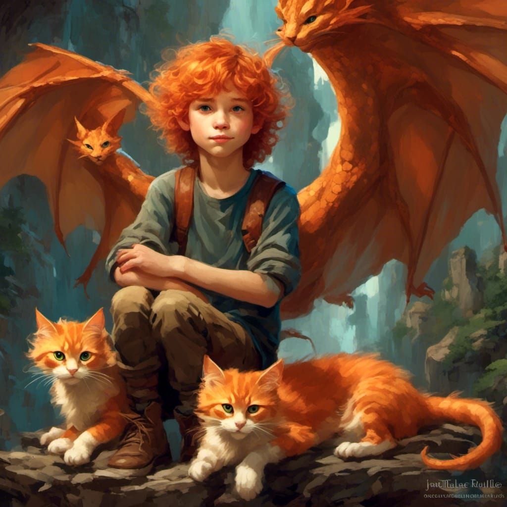 Youth with a Fluffy Ginger Cat-Dragon