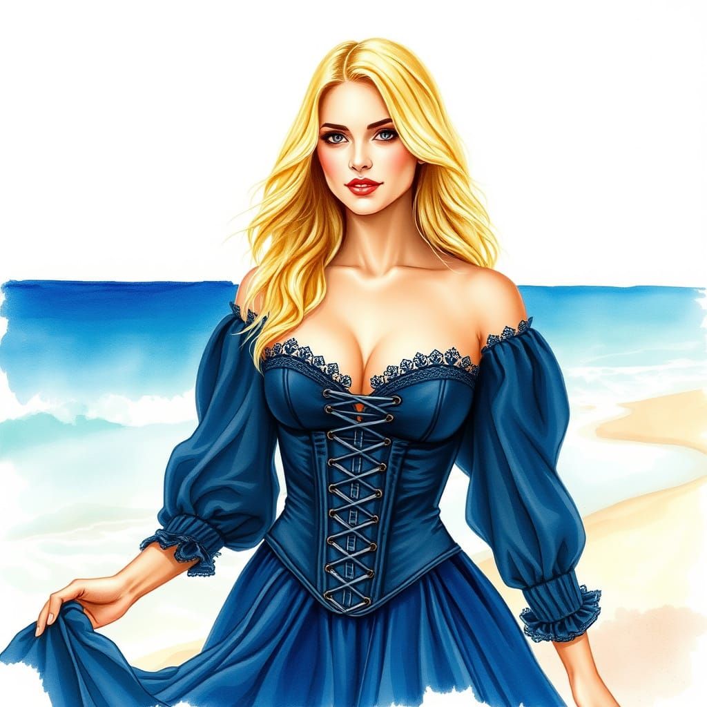 Elegant Woman Wading in the Watercolor Beach Scene