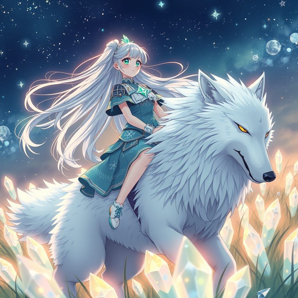 Magical Girl Rides a Wolf Through Crystal Field