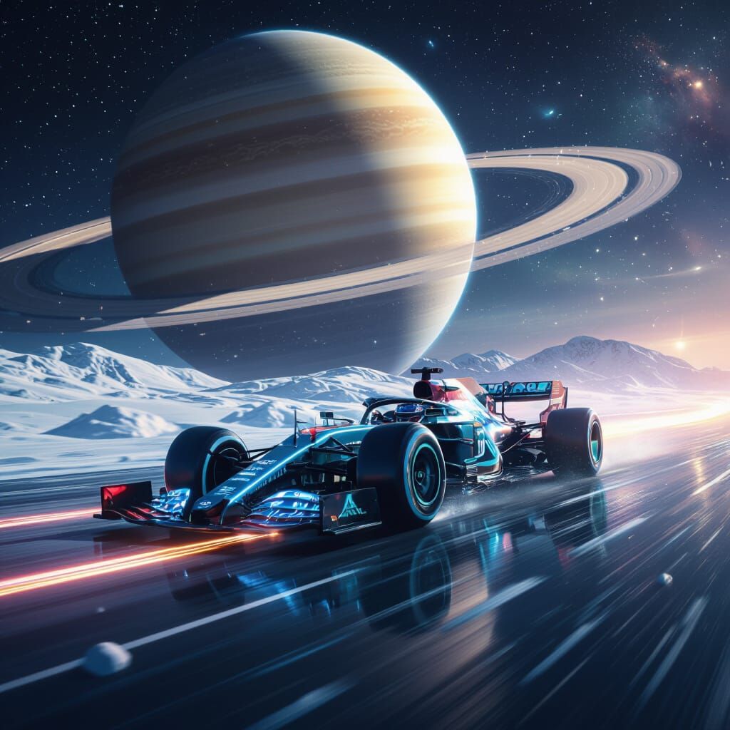 Futuristic Formula 1 Car Races Across Saturn