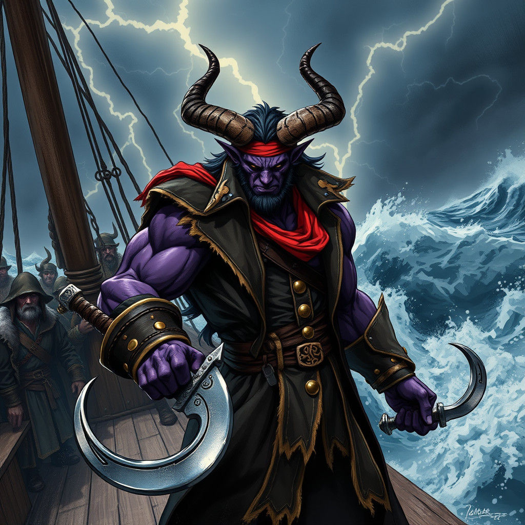 Tiefling Pirate on Stormy Seas: Cinematic Illustration