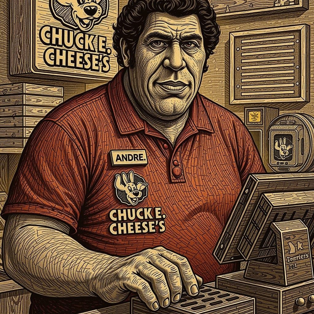 Andre the Giant working the register at a Chuck E Cheese  re...