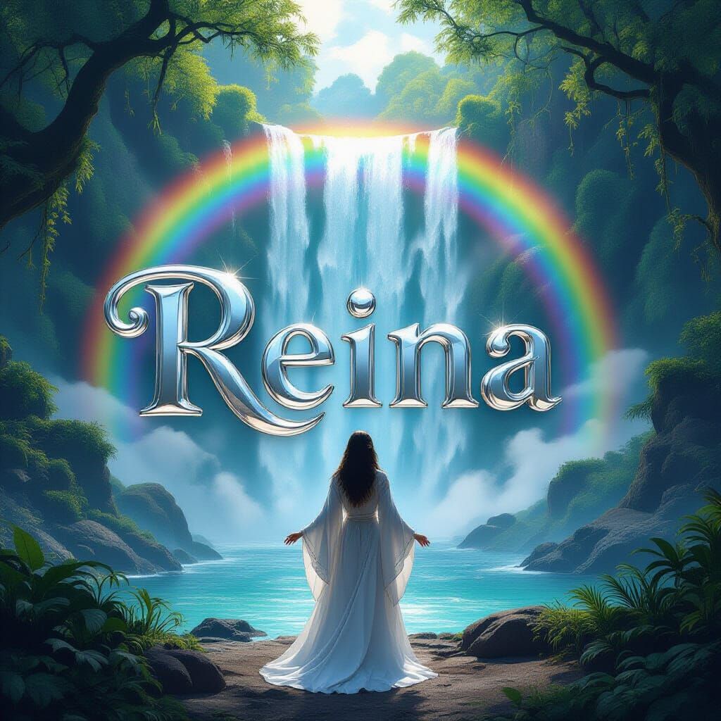 Rainbow Waterfall Scene with Figure in Digital Art Style