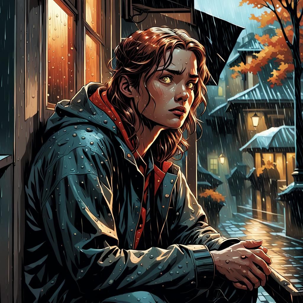 Rainy Italian Street Scene in Comic Book Style