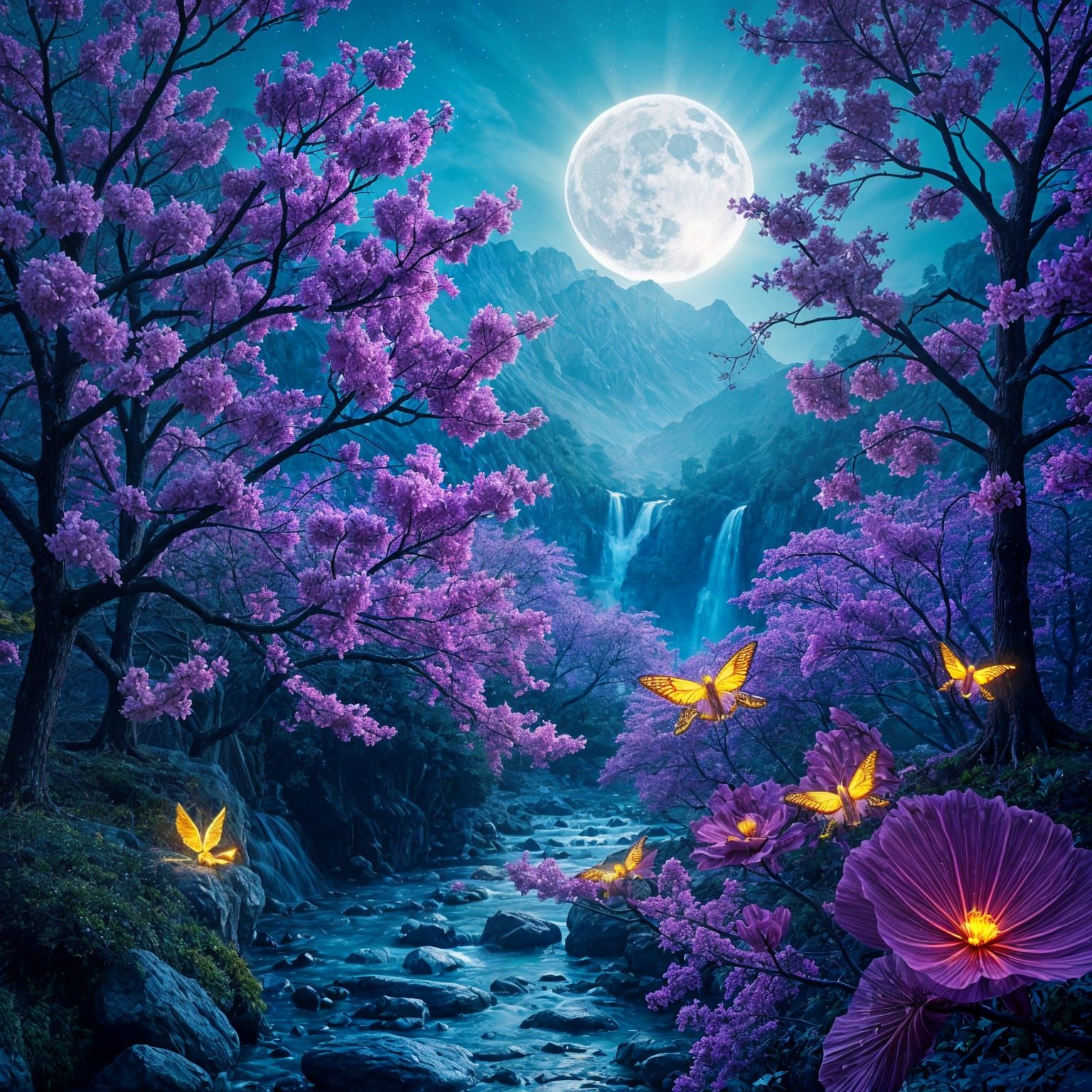 Luminous Purple Trees with Glowing Elves, Surreal Impasto