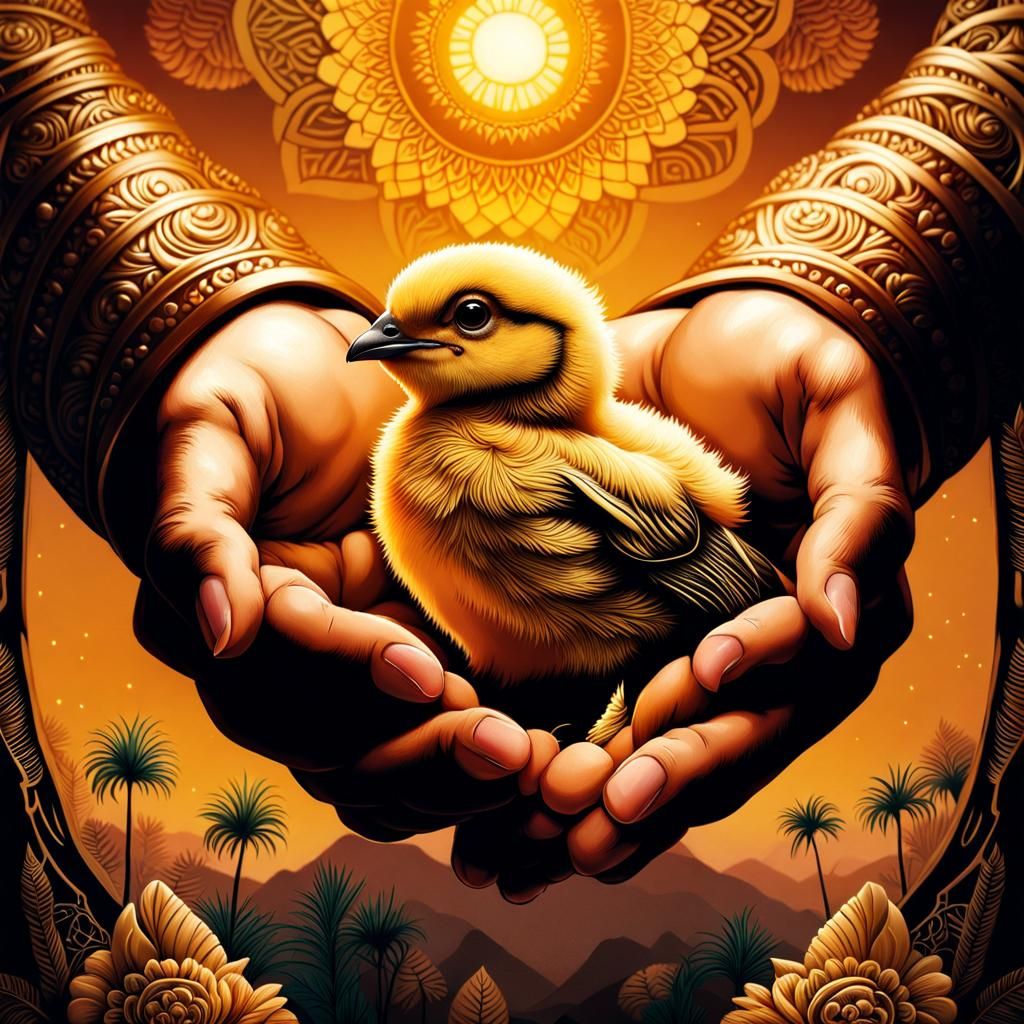 Grateful Hands Holding a Fluffy Chick