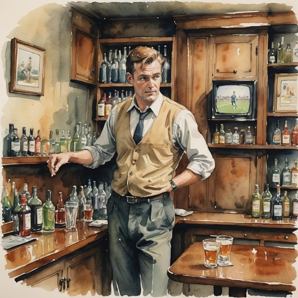 1960s Pub Bartender Watching Football: Watercolor Sketch
