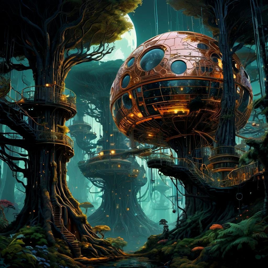 Retrofuturist Cyber-Treehouse on Alien Planet