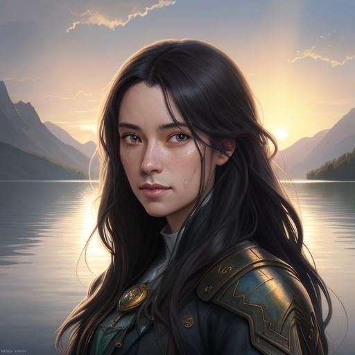 Watercolor Portrait at Mountain Lake Sunrise