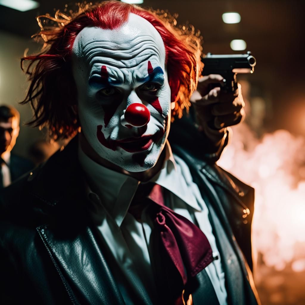 Sinister Clown's Tense Bank Heist in Gritty Film Noir Style