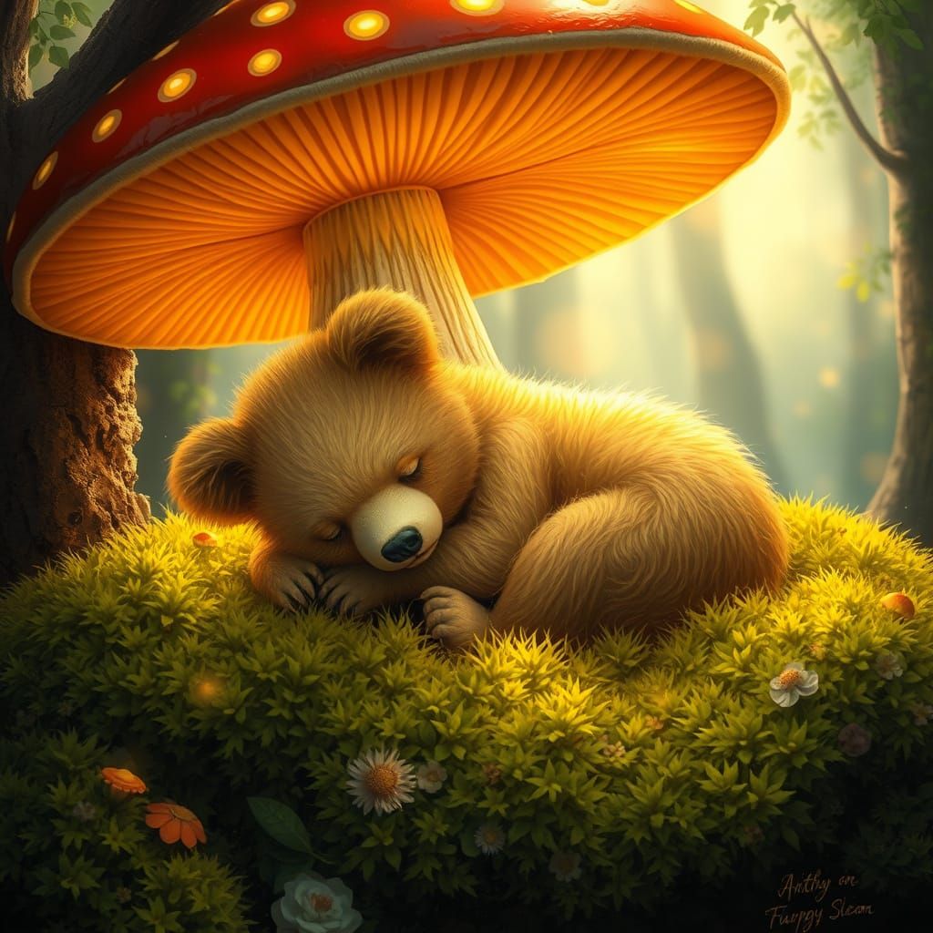 Sleeping Golden Bear Cub in Enchanted Forest