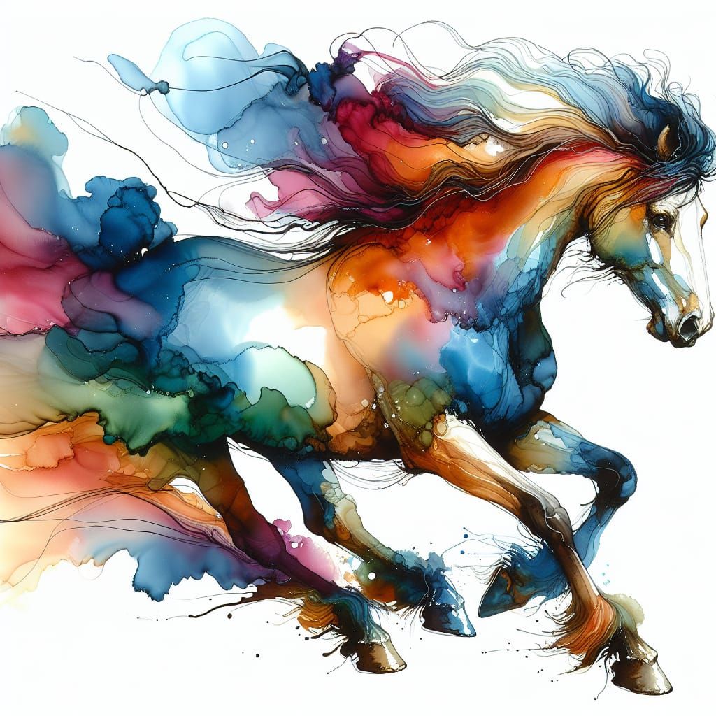 horse running wild, vibrant alcohol inks