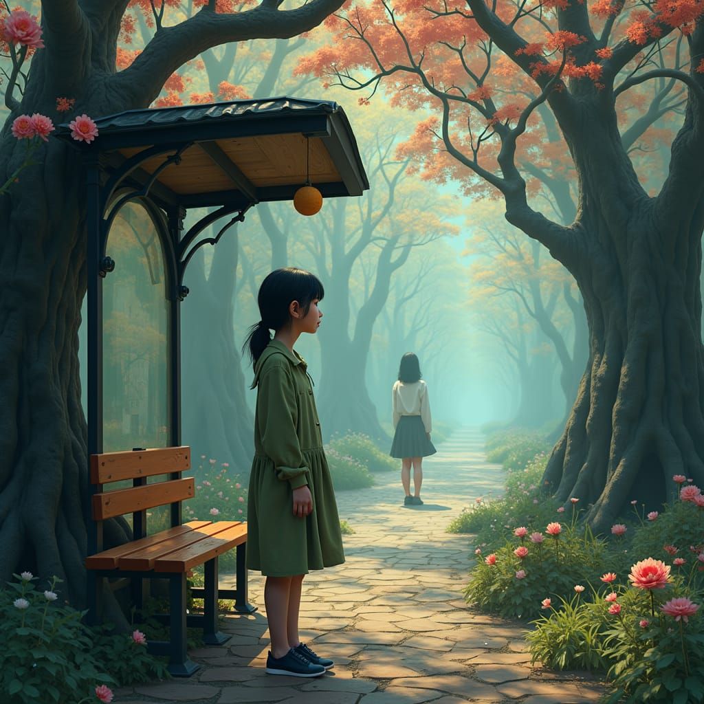 Mystical Tram Stop: Melancholic Matte Painting