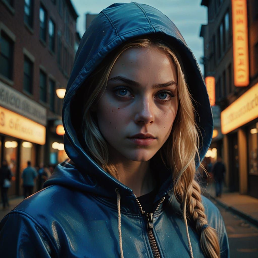 Hyperrealistic Portrait of a Moody College Student in Blue L...