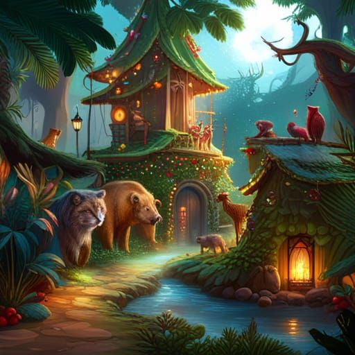 Jungle Animals Celebrate Christmas: Detailed Matte Painting