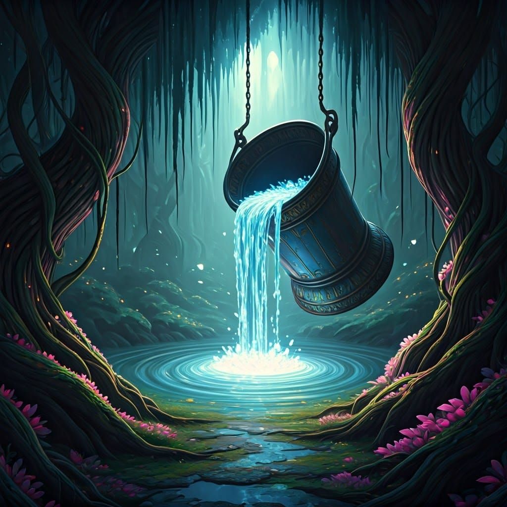 Ornate Bucket Overflowing with Tears in Dreamlike Glade