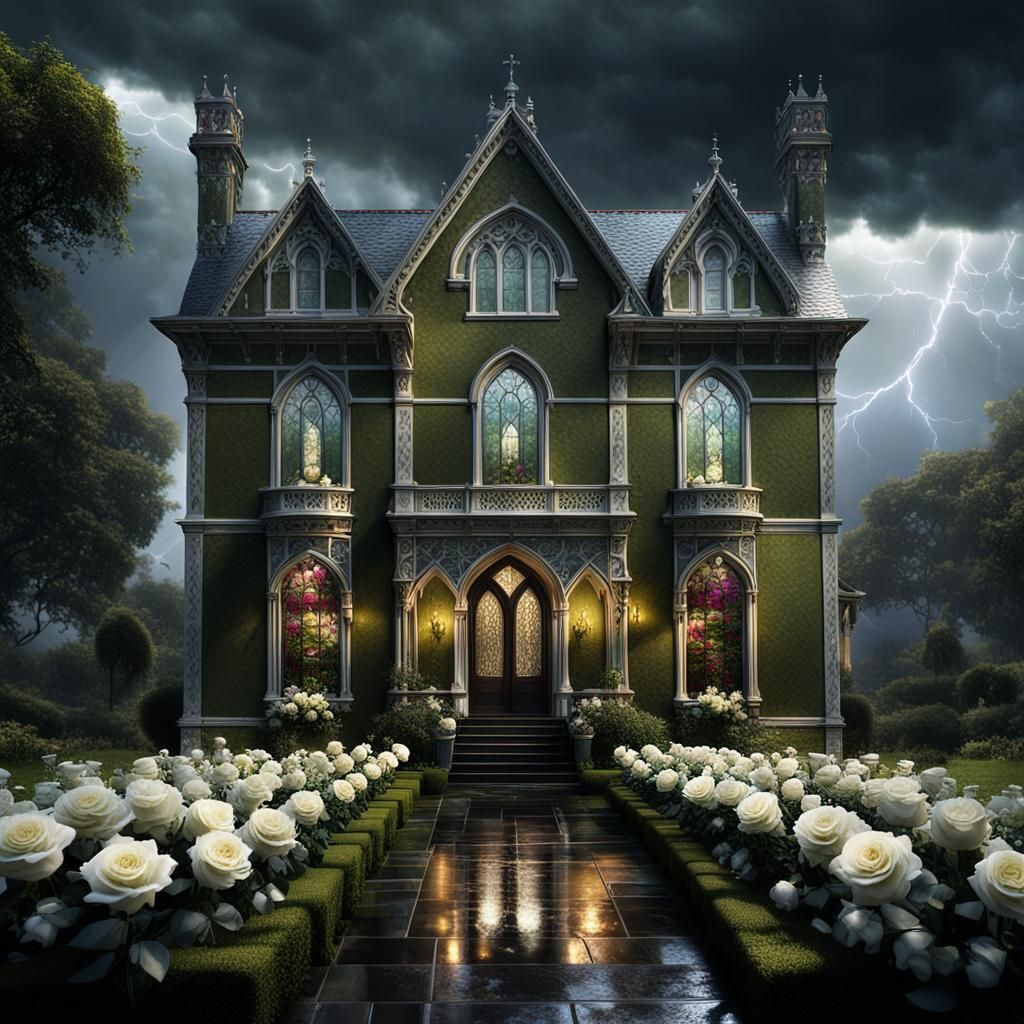 Victorian manor, a olive green with white trim, white roses, stained glass windows, thunderstorm, rain showers, intricat...