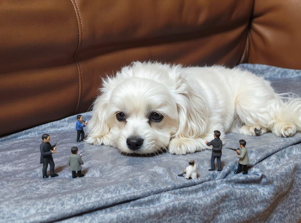 Miniature Barbers Cutting a Lazy White Dog's Hair
