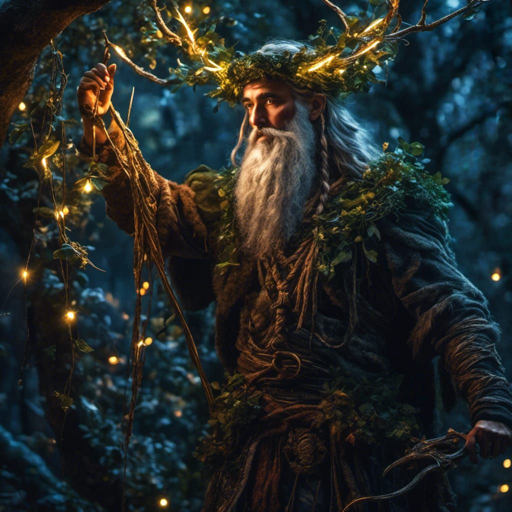 Celtic Druid Collecting Mistletoe in Dark Fantasy Forest