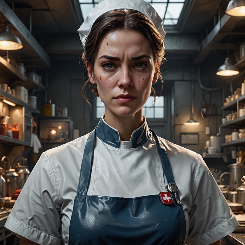 Stern Young Nurse in High-Collared Rubber Uniform