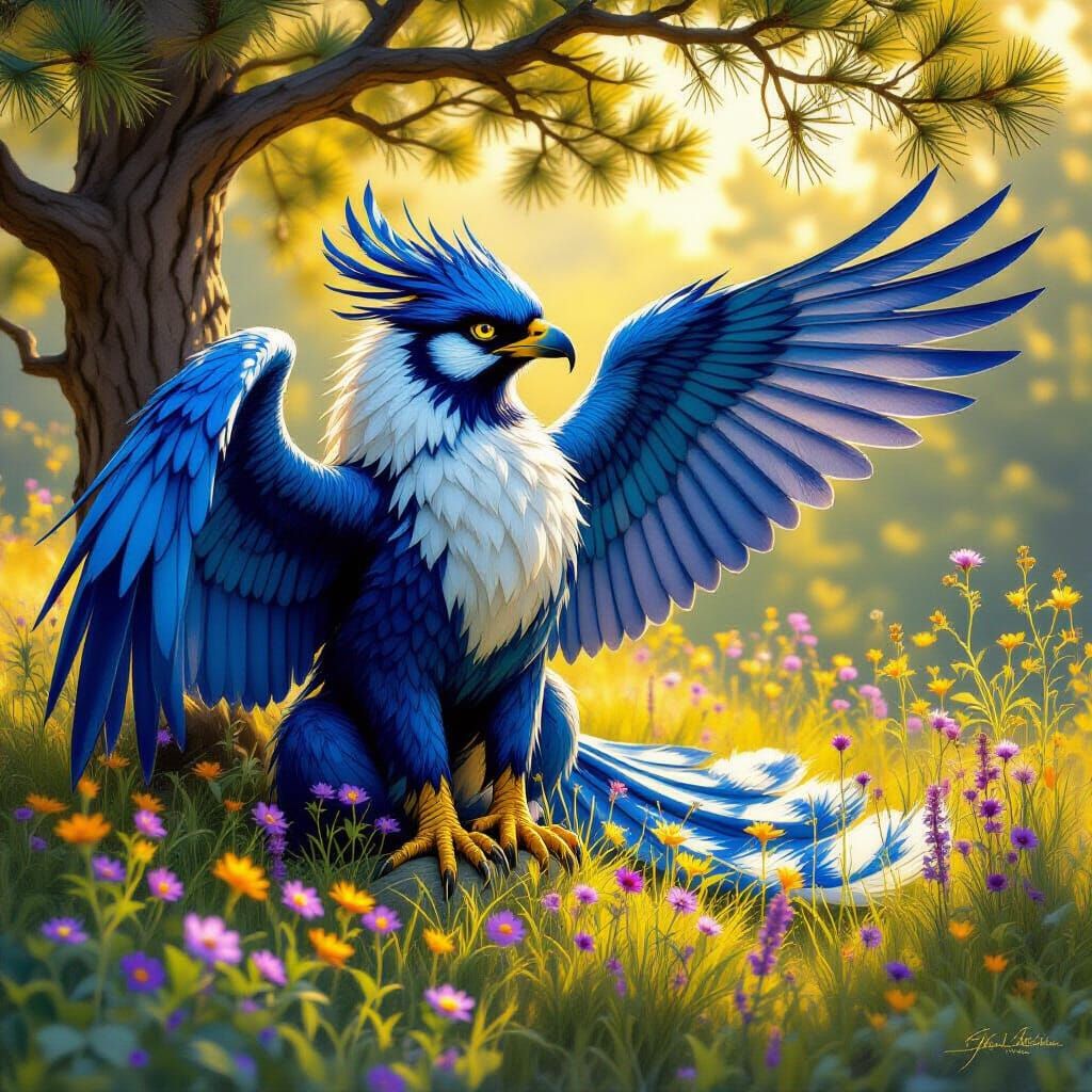 Majestic Bluejay Griffon Perches in Sun-Dappled Meadow