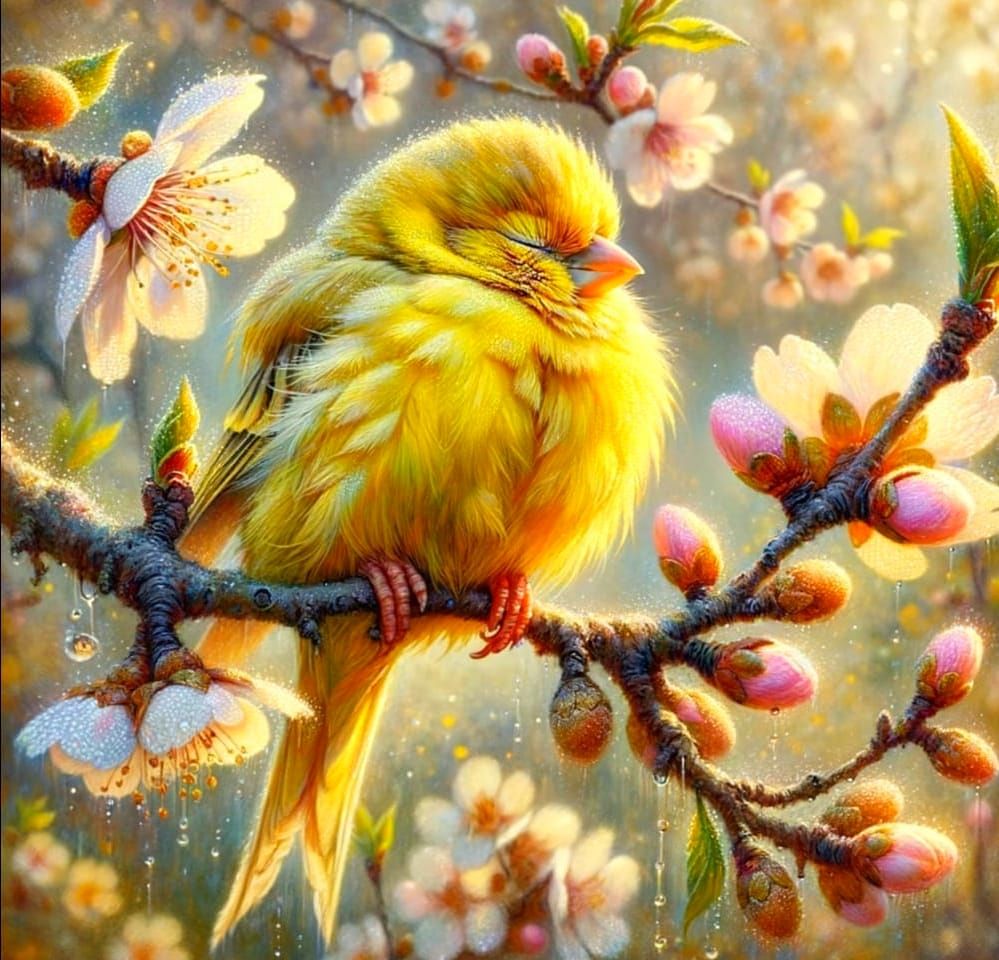 Canary Nap in Almond Tree: Oil Painting