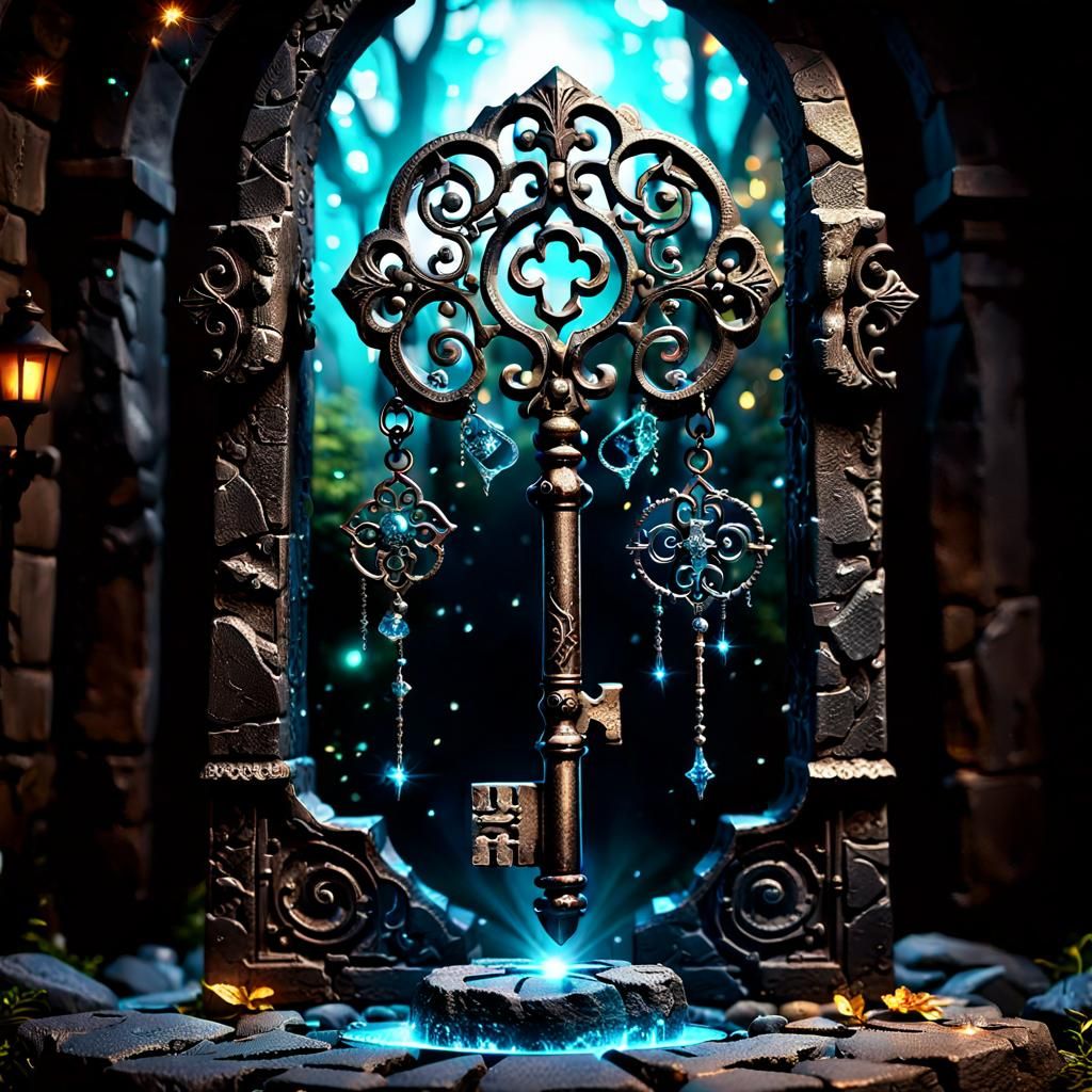Mystical Key Above Stone Base with Glowing Door