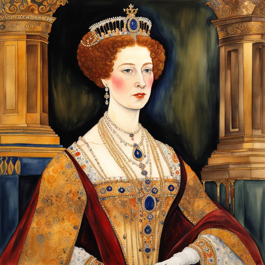 Queen Elizabeth I: Klimt-Inspired Watercolor Portrait