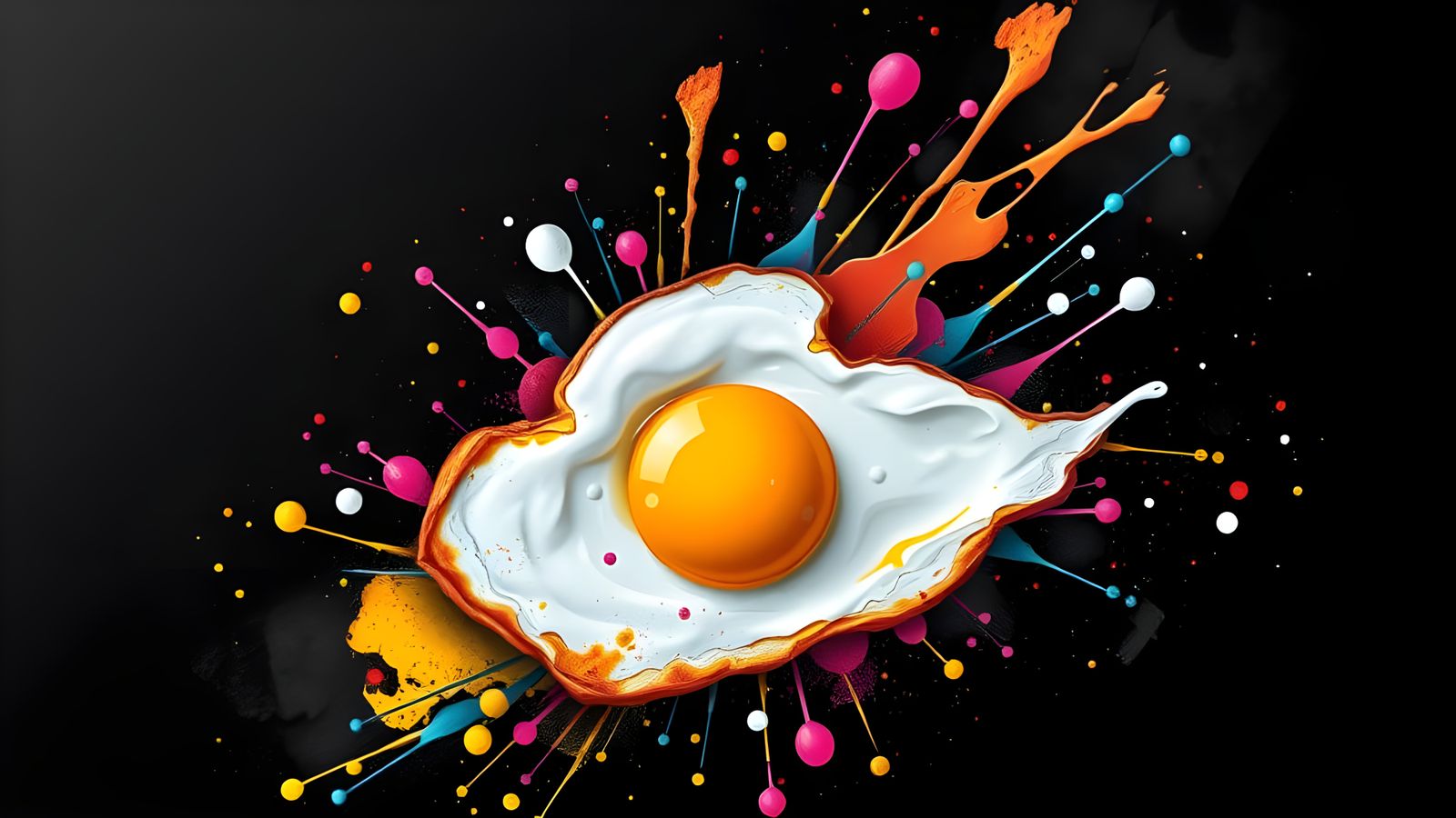 Hyper-Detailed Ink Splatter Fried Egg on Black