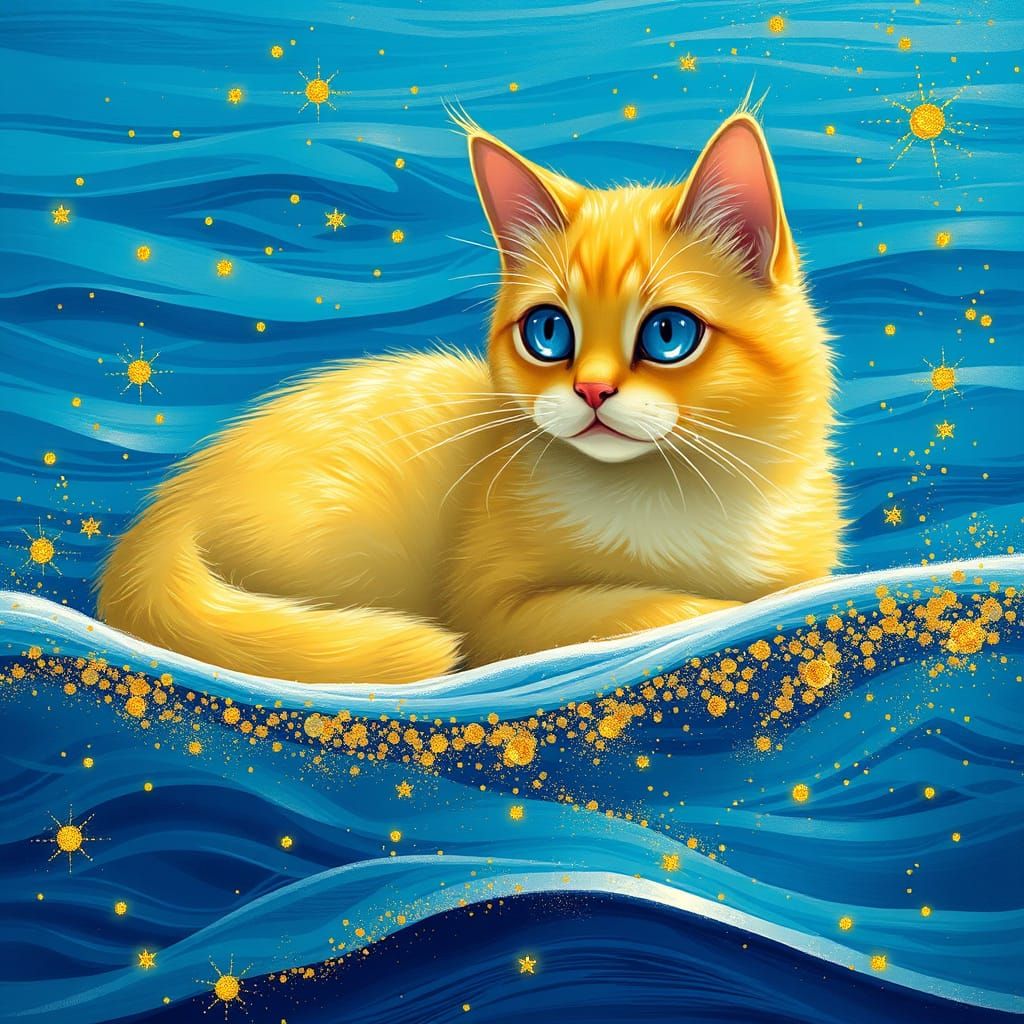 Whimsical Yellow Cat Basks in Oceanic Paradise