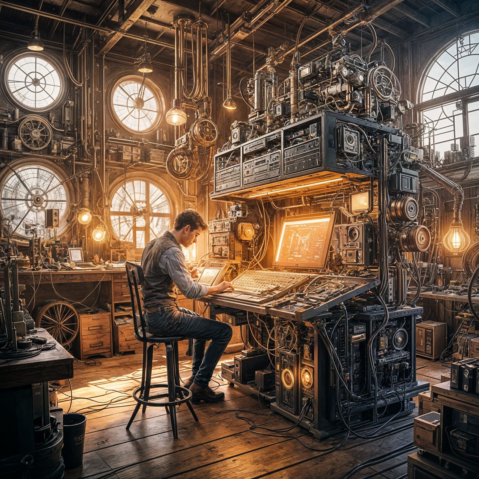 Vintage-Style Computer Builder in a Retro Futuristic Lab