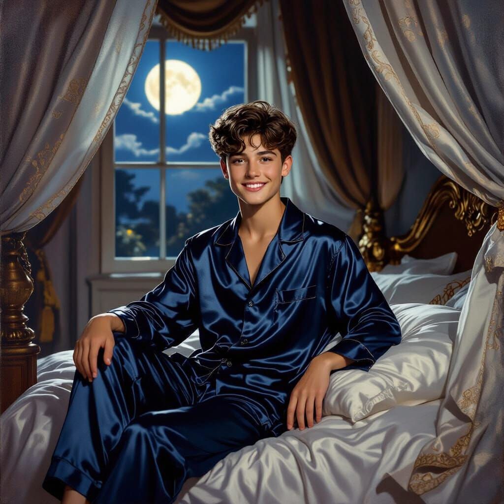 Teenager in Silk Pajamas in Elegant Bedroom