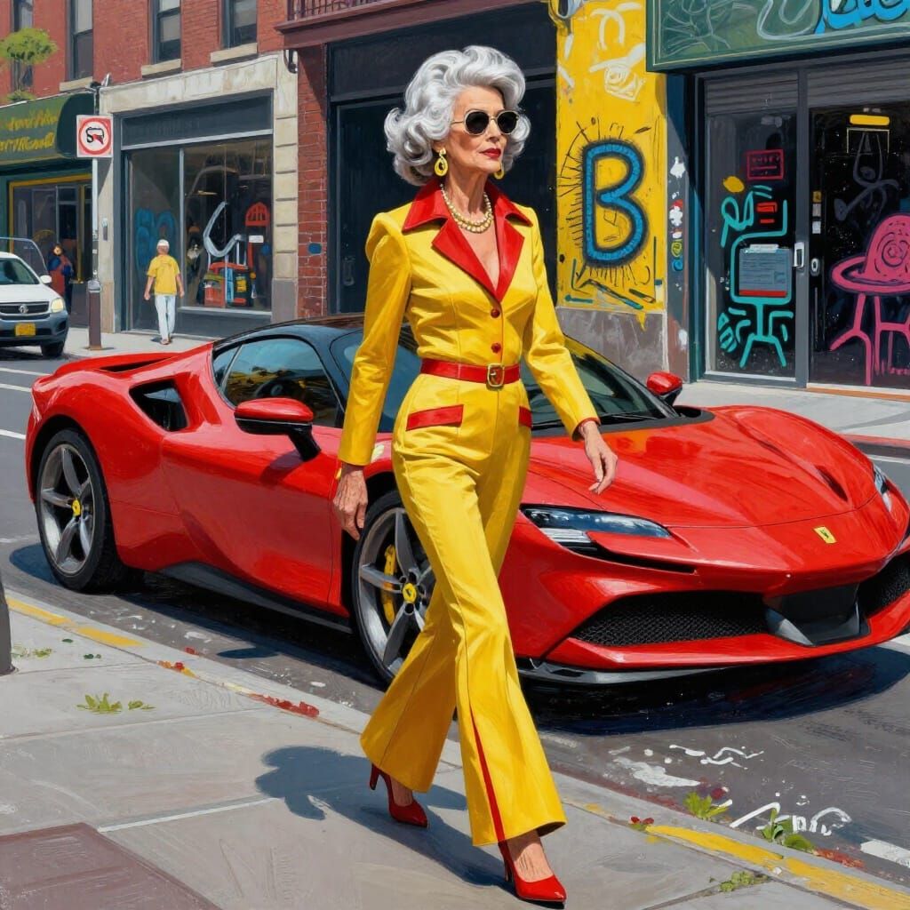 Glamorous 70s Style Woman with Ferrari in Street Art