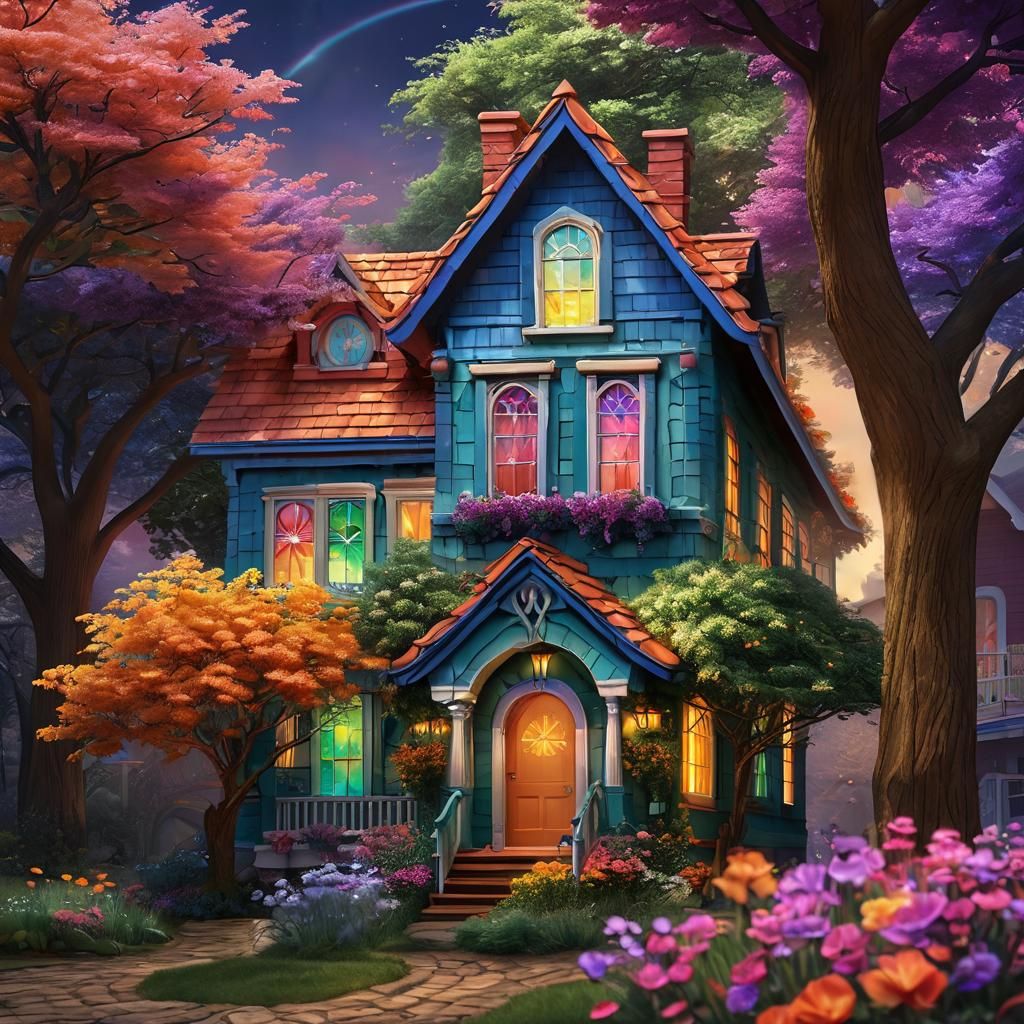 Glowing Rainbow House in Digital Art Style