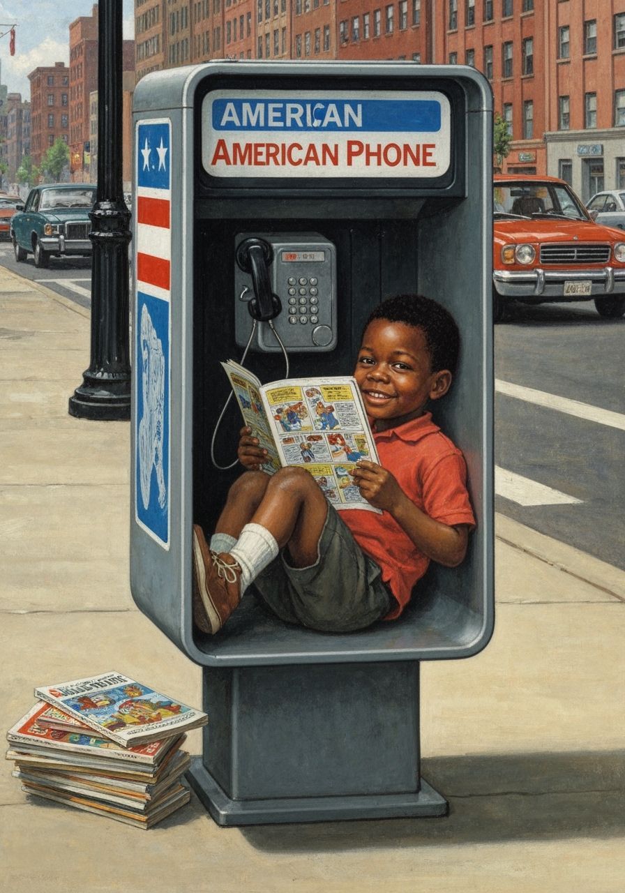 Boy Reads Comic in Payphone, Rockwell Style