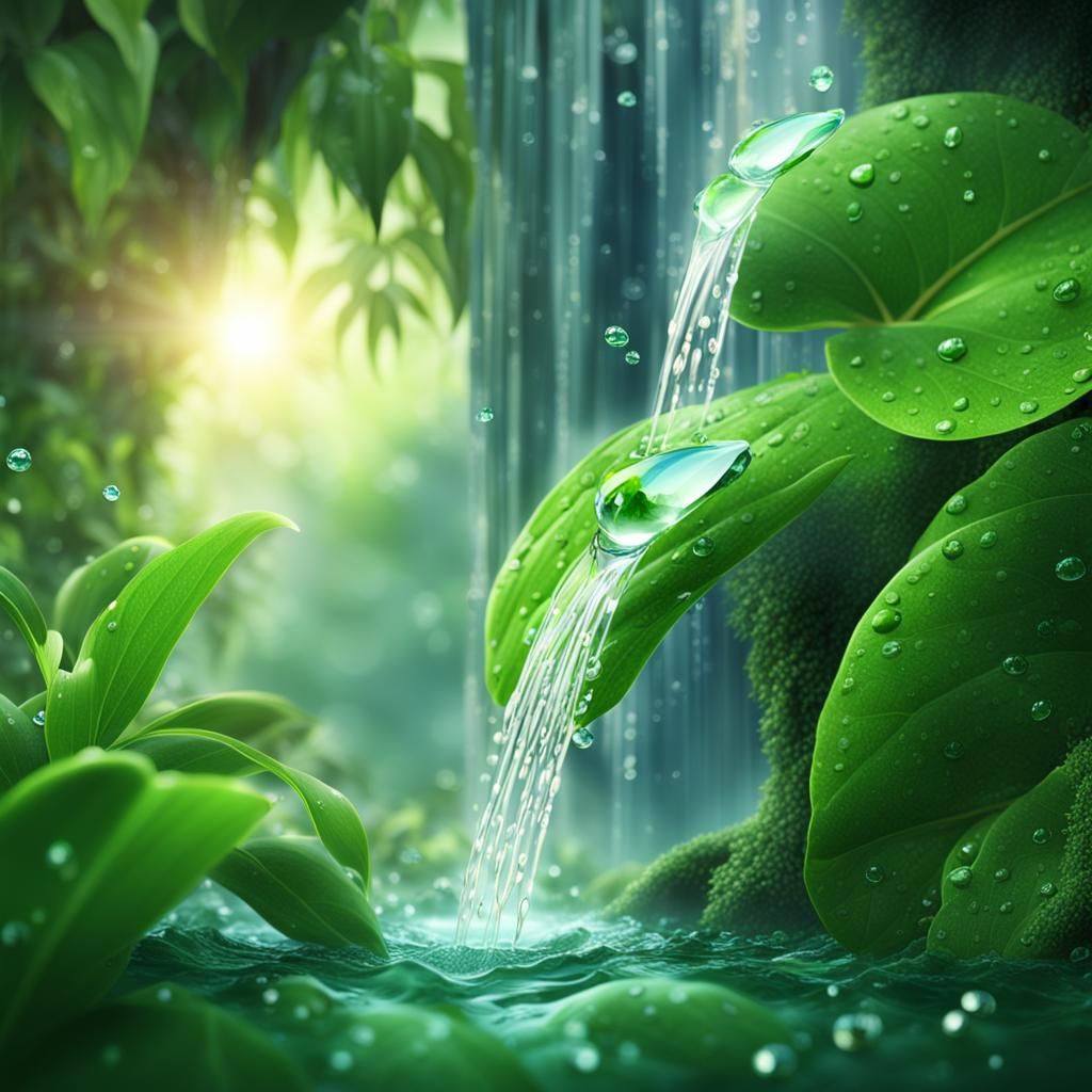 Waterfall Scene Reflected in Dew Drop