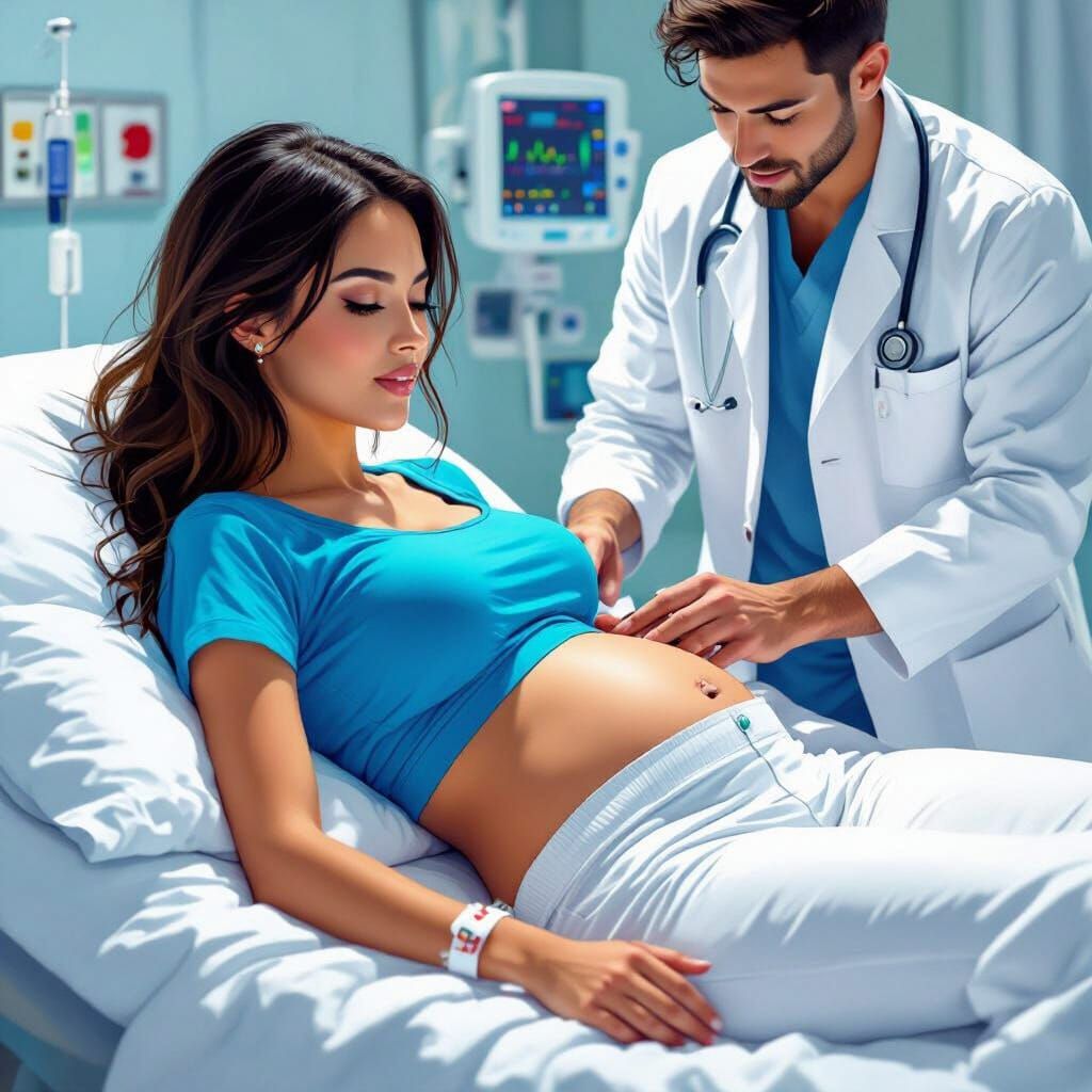 Woman Ready for Belly Exam in Hospital, Realistic Style