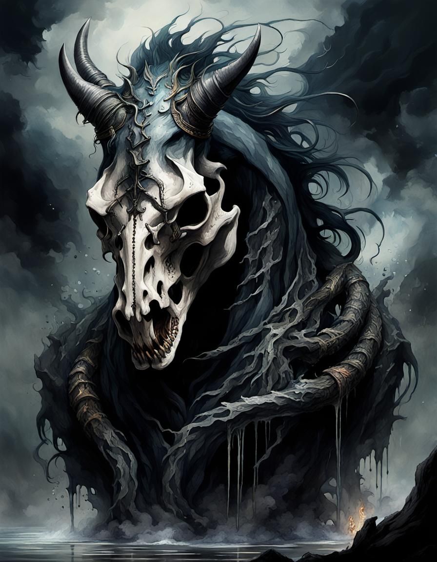 Melting Horse Skull with Snake Watercolor Illustration