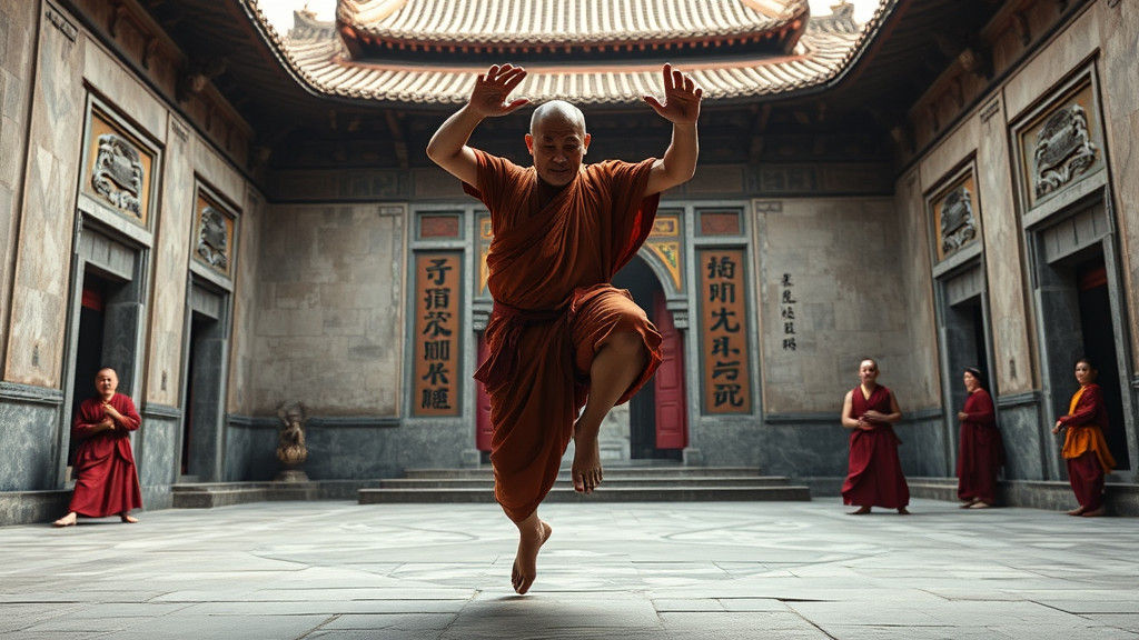 Shaolin Monks Training in Ancient Temple, Photorealistic