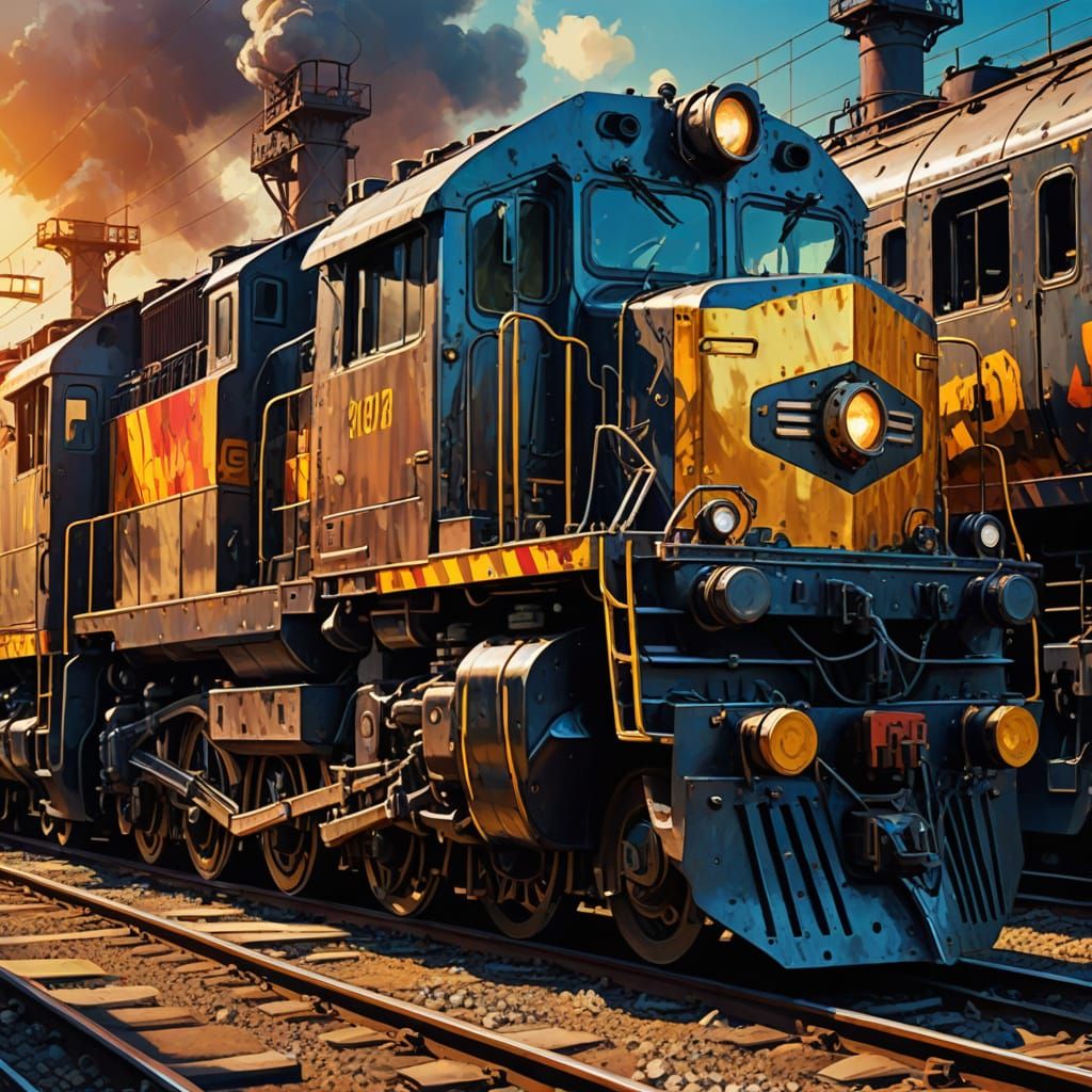 Abstract Locomotive in Train Yard: Digital Art