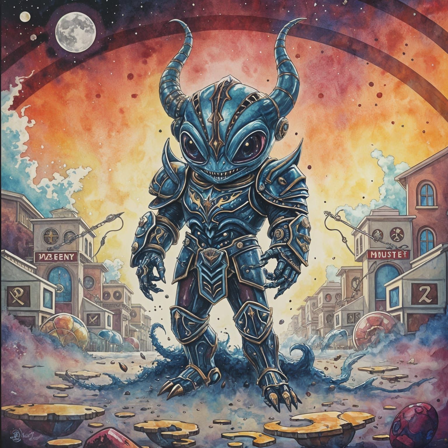 Baroque Cosmic Monster in Watercolour with Ink Splashes